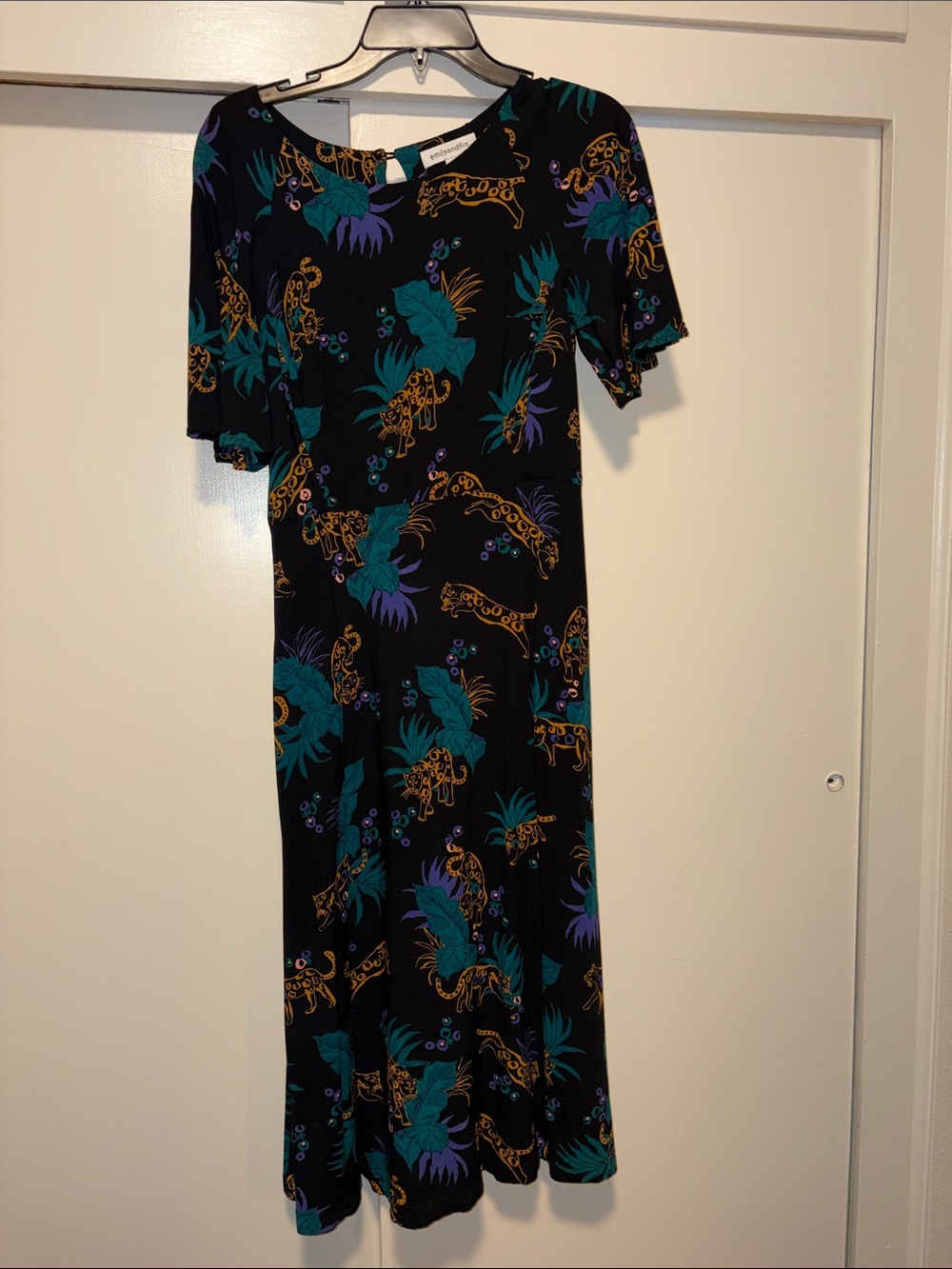 Emily and Fin  Black Midi Dress with Teal, Purple & Gold Leopard Print EUC Small